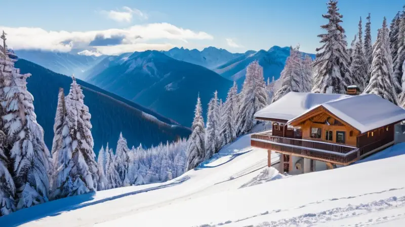 Un paisaje invernal con esquiadores, cabañas acogedoras y montañas bajo un cielo azul