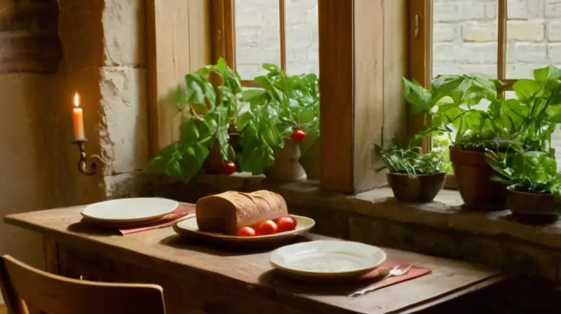 Una mesa rústica con verduras frescas, pan crujiente, un guiso humeante, vino tinto y un ambiente acogedor de cocina local