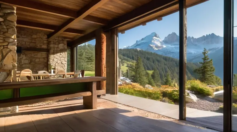 Un refugio moderno en las montañas, con paredes de piedra y madera, rodeado de naturaleza y un ambiente acogedor