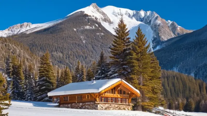 Un paisaje montañoso nevado con un acogedor refugio de madera