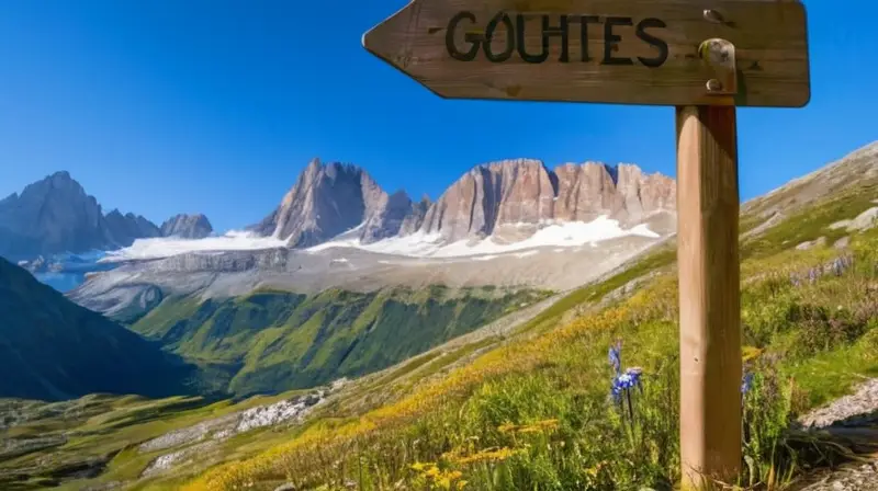 Un paisaje montañoso con picos nevados, valles verdes, senderistas preparándose y un ambiente lleno de aventura