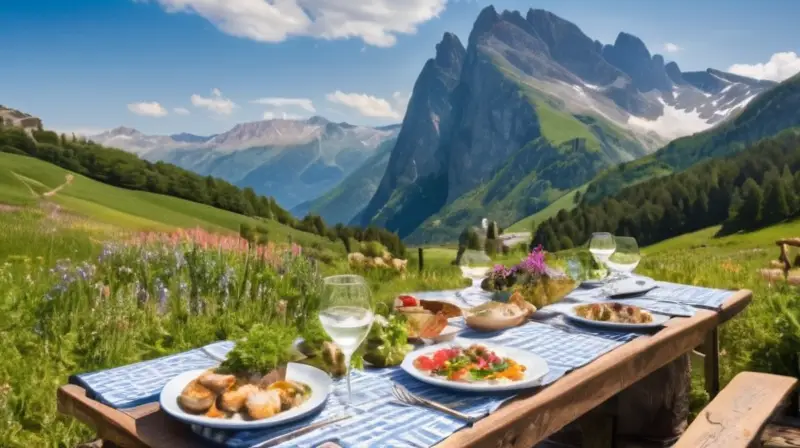 Una mesa rústica en un paisaje alpino ofrece una experiencia gastronómica acogedora con platos tradicionales y un entorno natural impresionante