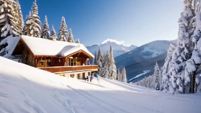 Un paisaje invernal con montañas nevadas, esquiadores en acción y un acogedor refugio de madera