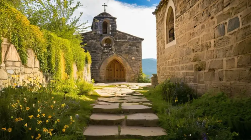 Iglesia de piedra antigua con arcos románicos, tallas bíblicas, musgo en las paredes y un ambiente sereno bajo un cielo azul