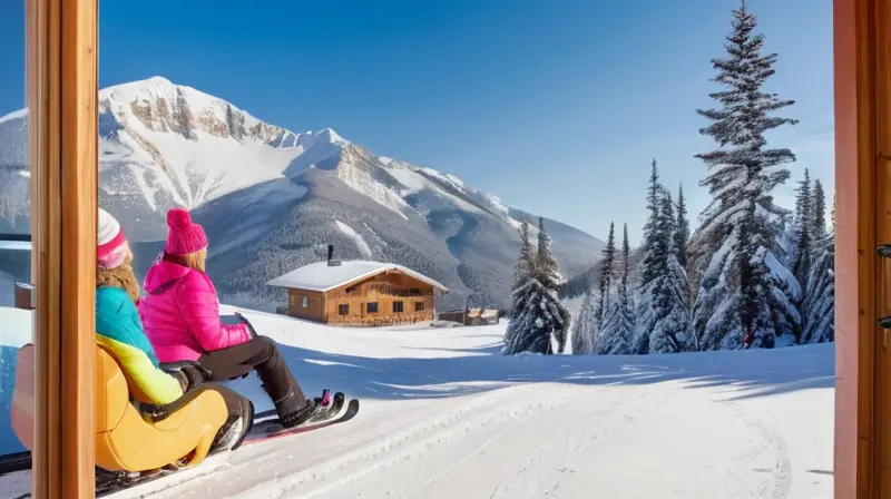 Un vibrante paisaje invernal muestra familias esquiando, niños riendo y un acogedor refugio de madera bajo un cielo azul