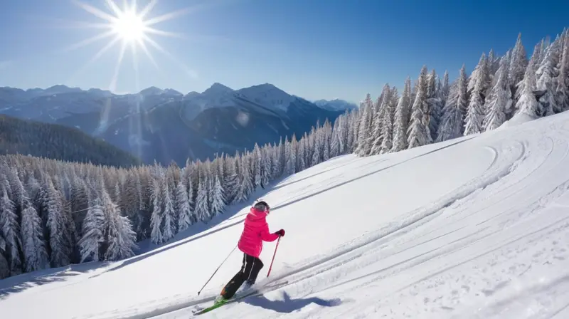 Un animado paisaje invernal con familias esquiando, risas de niños y un acogedor chalet, todo bajo un brillante sol