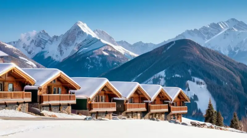 Un paisaje alpino nevado con montañas, chalets rústicos, familias esquiando y un ambiente acogedor