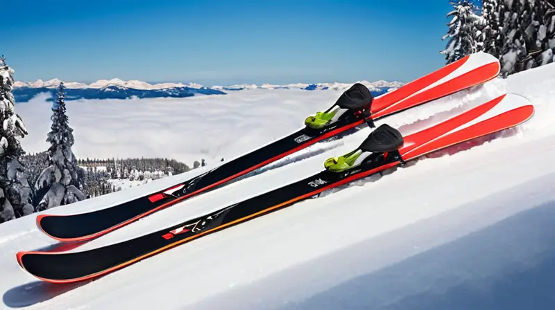 Esquís aerodinámicos de acabado negro brillante con detalles rojos, diseñados para velocidad y agarre en la nieve