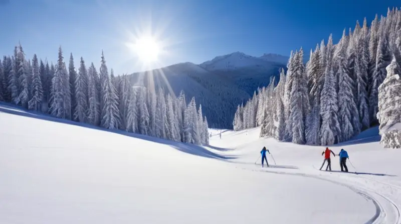 Un paisaje invernal sereno con esquiadores en movimiento, árboles cubiertos de nieve y un cielo azul claro