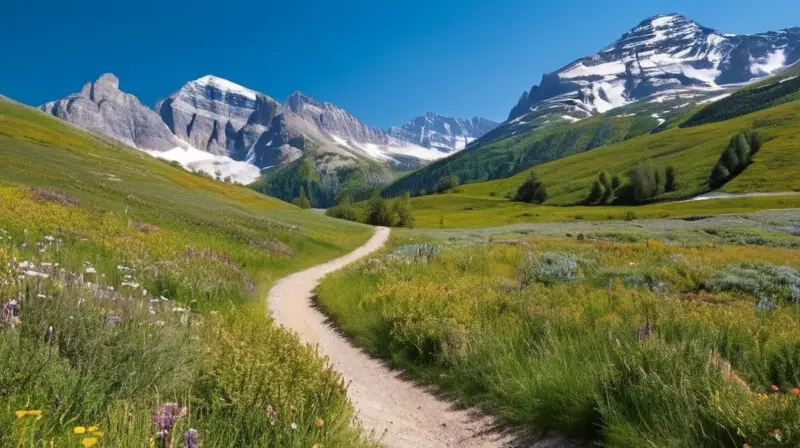 Un paisaje natural sereno y vibrante con montañas, valles verdes, senderos, flores silvestres y un cielo azul