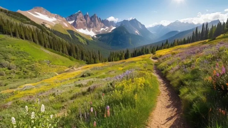 Un paisaje natural sereno y vibrante, lleno de montañas, valles verdes, flores silvestres y senderos que invitan a la aventura