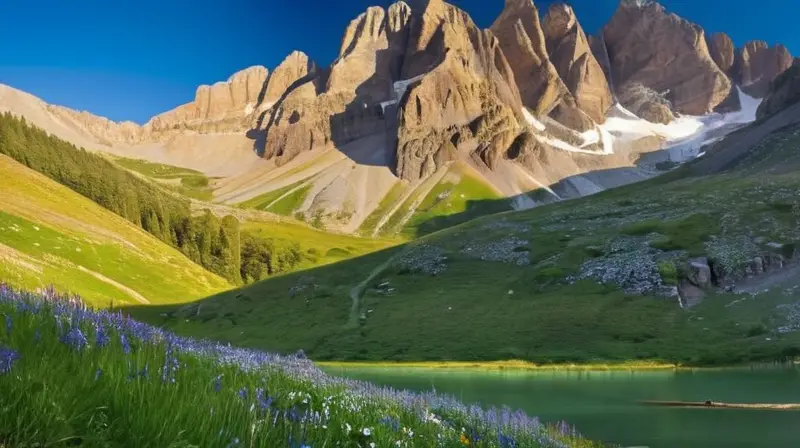 Un paisaje montañoso sereno y majestuoso, con senderos, flores silvestres y un lago reflejante, evoca aventura y tranquilidad