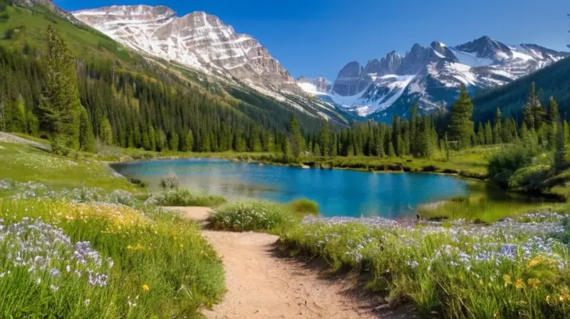 Un paisaje natural vibrante con valles verdes, montañas nevadas, un lago sereno y senderos que invitan a la exploración