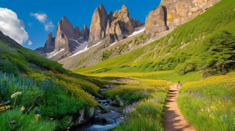 Un paisaje natural vibrante y sereno con montañas, valles verdes, flores, senderos y vida silvestre