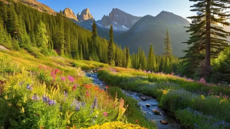 Un paisaje montañoso vibrante y sereno invita a la exploración con cascadas