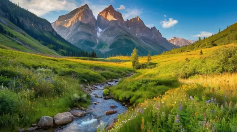 Un paisaje natural vibrante y sereno, lleno de valles verdes, cascadas, montañas, flores silvestres y familias disfrutando de la naturaleza