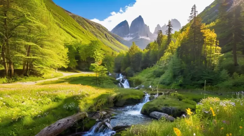 Un paisaje natural idílico con montañas, valles verdes, cascadas, flores silvestres y familias disfrutando de la naturaleza