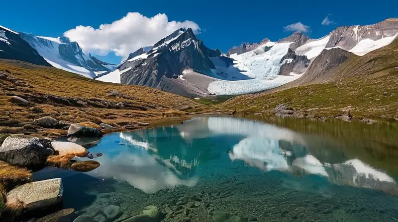 Un majestuoso glaciar se extiende por el valle, rodeado de montañas y prados alpinos, creando una atmósfera serena y dramática