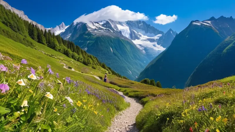 Un paisaje impresionante de Mont Blanc con picos nevados, valles verdes, senderos en bosques densos y cascadas, que evoca aventura y tranquilidad