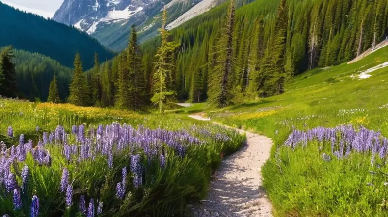 Un paisaje sereno de prados verdes, flores silvestres, montañas nevadas y senderos rodeados de naturaleza vibrante