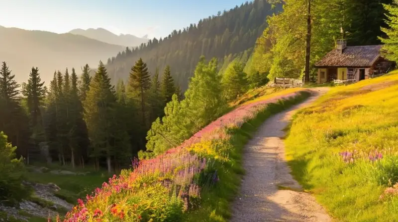 Un camino de tierra serpenteante rodeado de prados verdes, flores silvestres, cabañas rústicas y un arroyo cercano, evoca tranquilidad y aventura en un paisaje natural vibrante