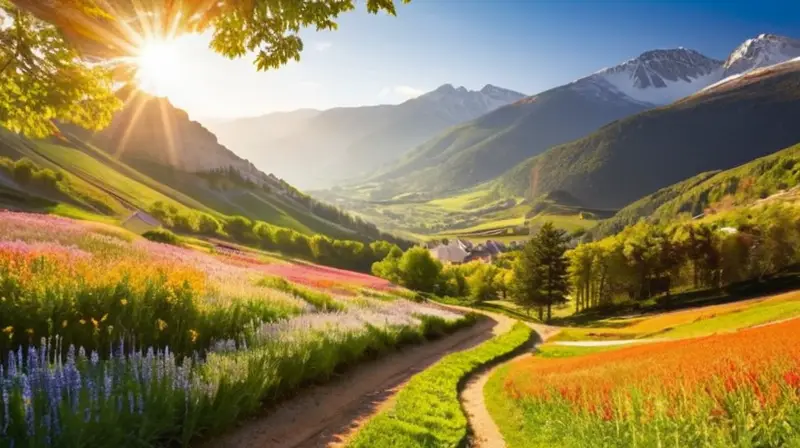 Un valle soleado con colinas verdes, montañas, pueblos pintorescos y un paisaje vibrante de naturaleza