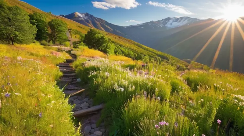 Un paisaje natural vibrante y sereno, lleno de montañas, valles, flores, senderos y un río, donde la aventura y la tranquilidad se entrelazan