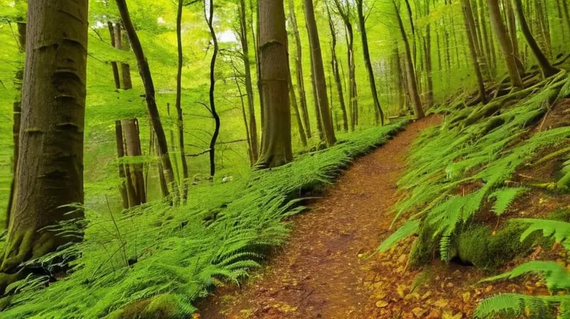 Un bosque sereno con altos árboles, luz filtrada, senderos de tierra, flores silvestres y montañas al fondo