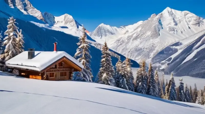 Montañas nevadas con esquiadores vibrantes en un paisaje sereno y prístino