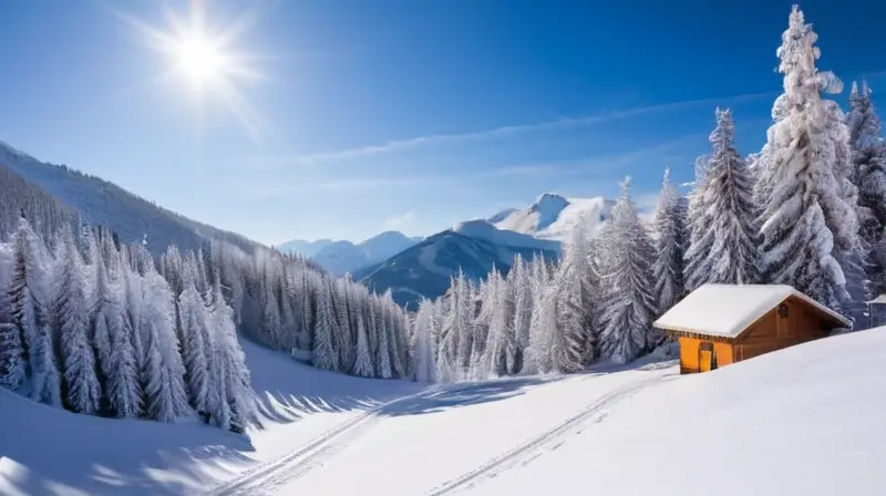 Un paisaje invernal vibrante con esquiadores en pendientes nevadas, montañas majestuosas y cabañas rústicas bajo un cielo azul