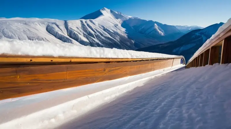 Una rampa de salto de esquí cubierta de nieve brilla bajo el sol