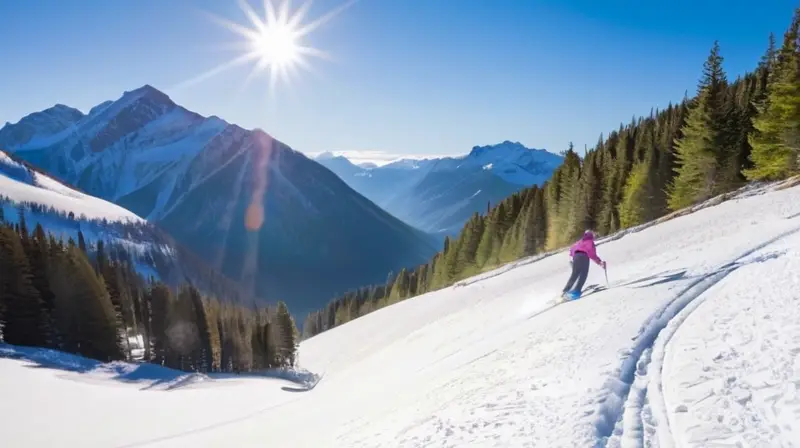 Un paisaje invernal vibrante con montañas, esquiadores, familias felices y acogedoras cabañas