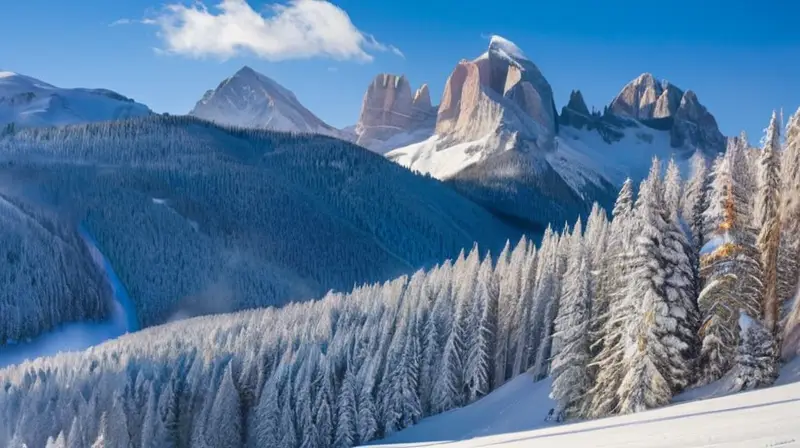 Un paisaje invernal vibrante con esquiadores en acción, montañas majestuosas y un cielo azul claro