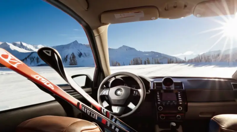 Un interior de coche espacioso y acogedor, con esquís organizados y una vista de montañas nevadas, invita a la aventura