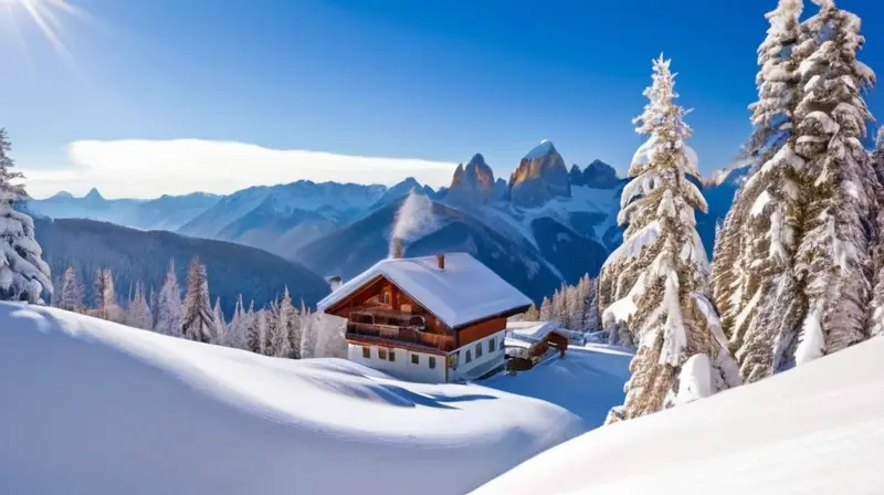 Un paisaje invernal de montañas cubiertas de nieve, esquiadores en acción y un ambiente acogedor