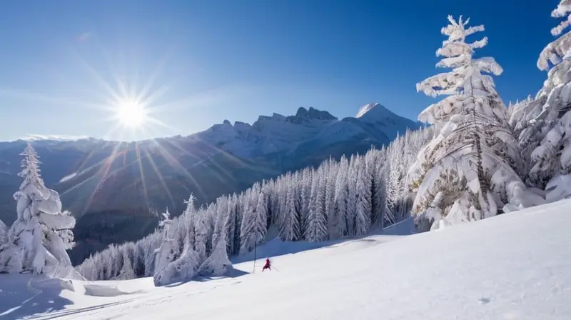 Un paisaje invernal vibrante con esquiadores enérgicos, nieve brillante, montañas majestuosas y un ambiente lleno de alegría y aventura