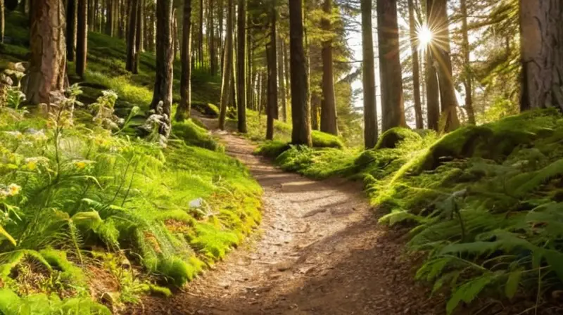 Un sendero forestal soleado con una familia disfrutando de la naturaleza y la aventura