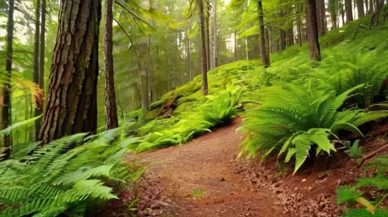 Un sendero de tierra rodeado de helechos y pinos