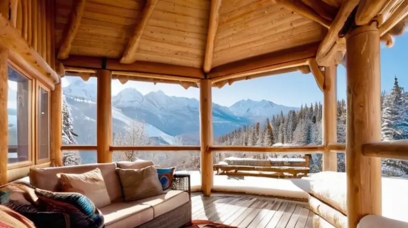 Un chalet rústico en un paisaje nevado ofrece calidez y diversión invernal con esquiadores