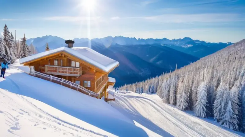 Un paisaje invernal con nieve, esquiadores coloridos y cabañas acogedoras bajo un cielo azul