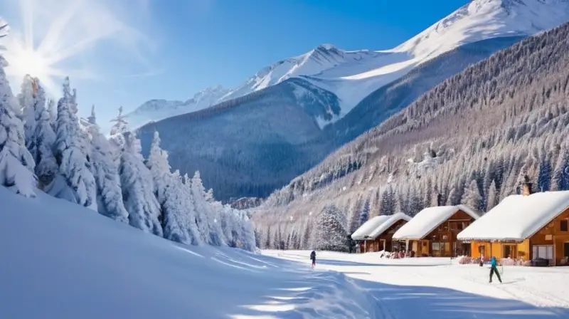 Un paisaje invernal con montañas nevadas, esquiadores en acción y un ambiente acogedor