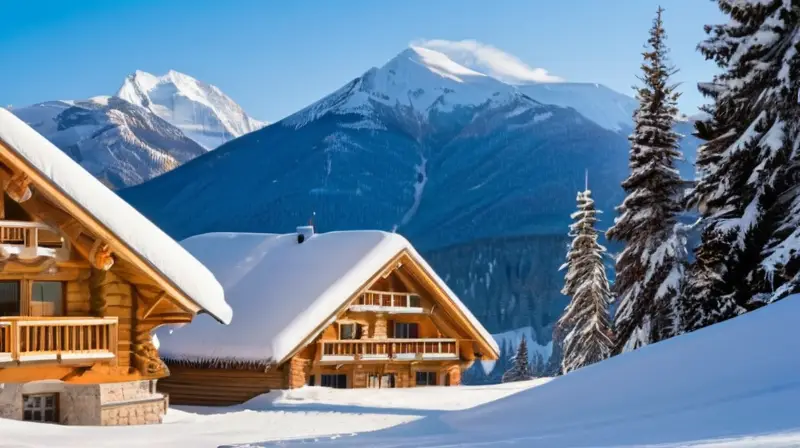 Un paisaje invernal vibrante con montañas nevadas, esquiadores en movimiento y cabañas acogedoras