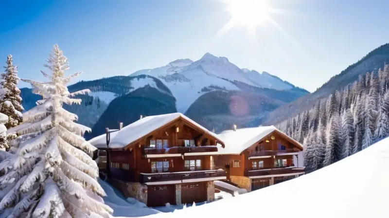 Un paisaje invernal vibrante con esquiadores, cabañas acogedoras y montañas majestuosas bajo un cielo azul