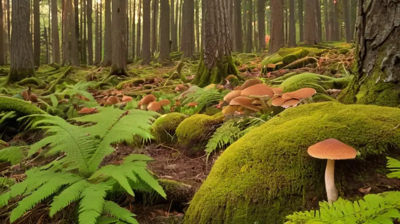 Un bosque verde y vibrante, lleno de hongos de diversas formas y colores, con luz filtrándose entre los pinos y un ambiente de tranquilidad natural