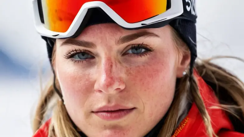 Mikaela Shiffrin, con mirada intensa y enérgica, refleja determinación en un entorno nevado mientras se prepara para competir