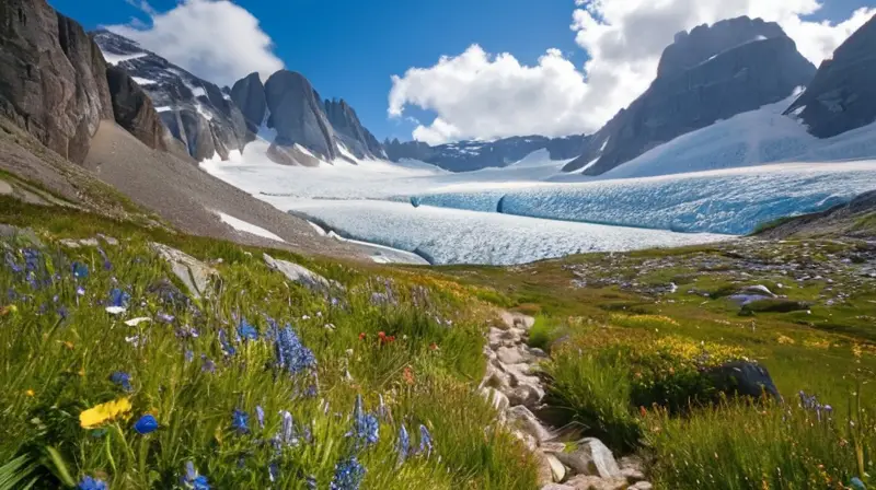 Un paisaje montañoso impresionante con picos nevados, prados verdes, senderos para excursionistas y un lago glacial refleja la grandeza de la naturaleza