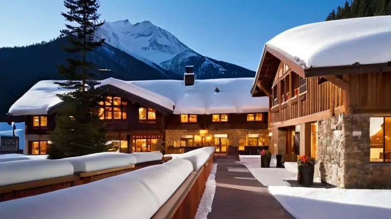 Un paisaje invernal idílico con montañas nevadas, un hotel rústico y acogedor, y una atmósfera cálida y vibrante