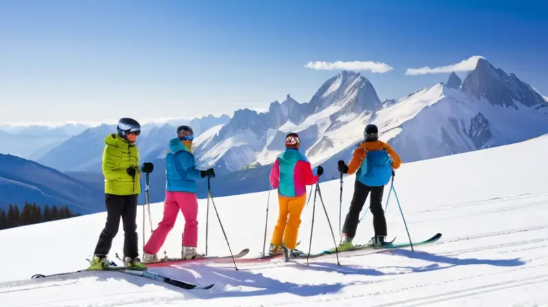 Esquidores en un paisaje invernal con montañas nevadas