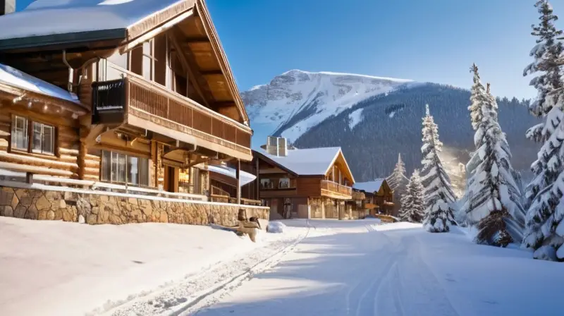 Un paisaje montañoso nevado con esquiadores vibrantes, un acogedor lodge de madera y un cielo azul claro