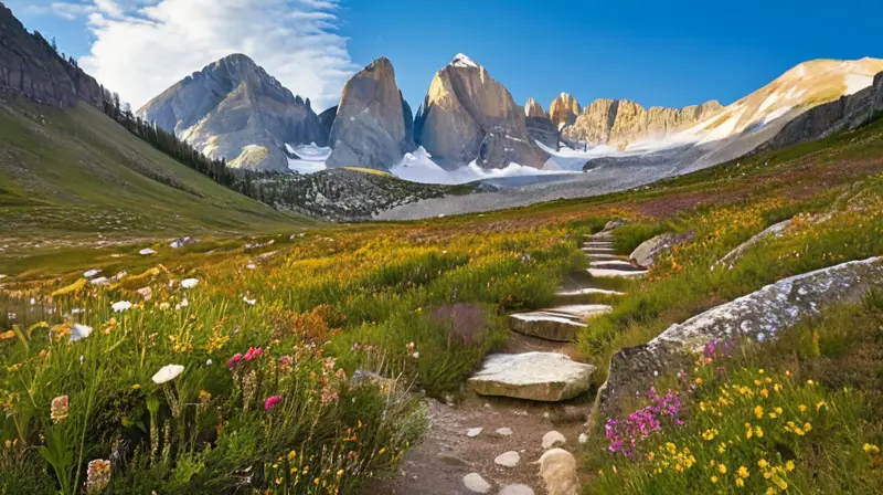 Un paisaje montañoso majestuoso con picos nevados, valles verdes, lagos glaciares y senderos rocosos, donde la luz del sol y la atmósfera tranquila crean una experiencia visual impresionante